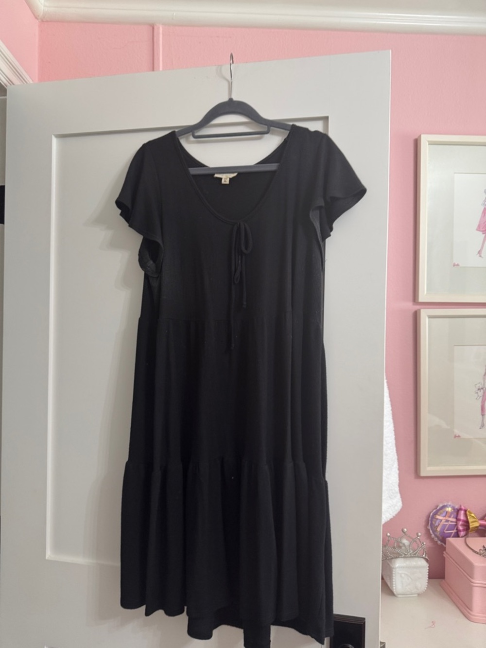 See You Monday Black Tiered Midi Dress with Tie Front